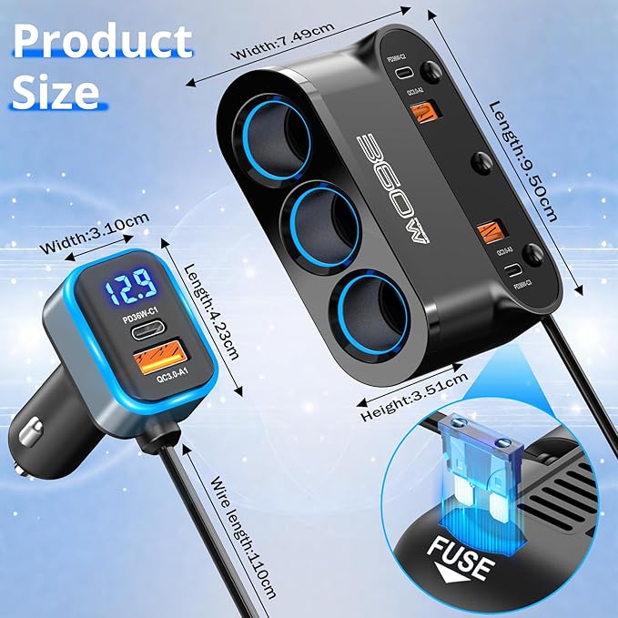Cigarette Lighter Splitter Adapter 360W: Car 12v Splitter 3 Socket Car Charger Extension Triple USB C 36W and QC3.0 18W Ports 12 Volt Power Outlet DC with Button Switch LED Voltmeter 15A Fuse