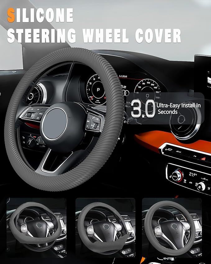 WOCOCN Car Steering Wheel Cover, Thin Anti-Skid Silicone Steering Wheel Cover for Men & Women, Universal Automotive Interior Accessories for Most Cars (Grey)