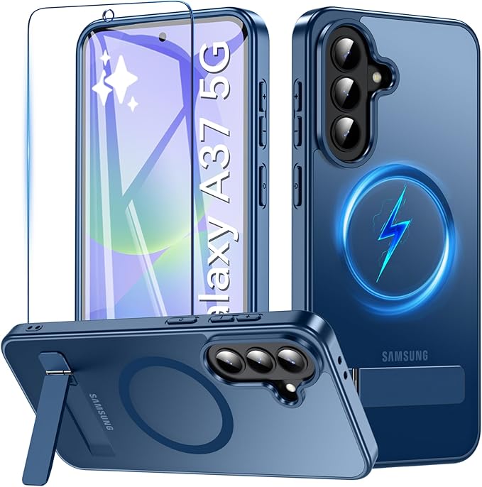OWKEY for Samsung Galaxy A37 5G Case with Stand, Magnetic Shockproof Case Fit for Magsafe Translucent Matte Cover for Samsung A37, Blue
