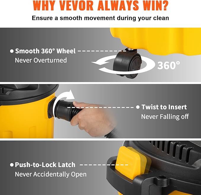 VEVOR 2.6 Gallon 2.5 Peak HP Wet and Dry Shop Vac， Portable Shop Vacuum and Blower 3-in-1 with Filter, Hose and Attachments for Home and Car Cleaning Black/Yellow