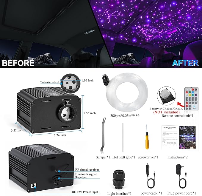 16W Twinkle & Music Sound Activated Starlight Headliner Kit for Car Home Star Ceiling, RGBW 300pcs*0.03in*9.8ft Fiber Optic Car Roof Sky Lights, Controlled Engine End Glow Fiber Strands