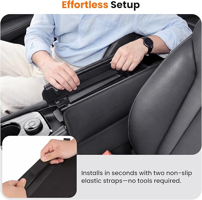 Center Console Armrest Cover for Nissan Rogue 2021-2026, Middle Console Pad Lid Cover Protector Elbow Arm Rest with Side Pockets, Rogue Interior Accessories, PU Leather (Black Stitches)