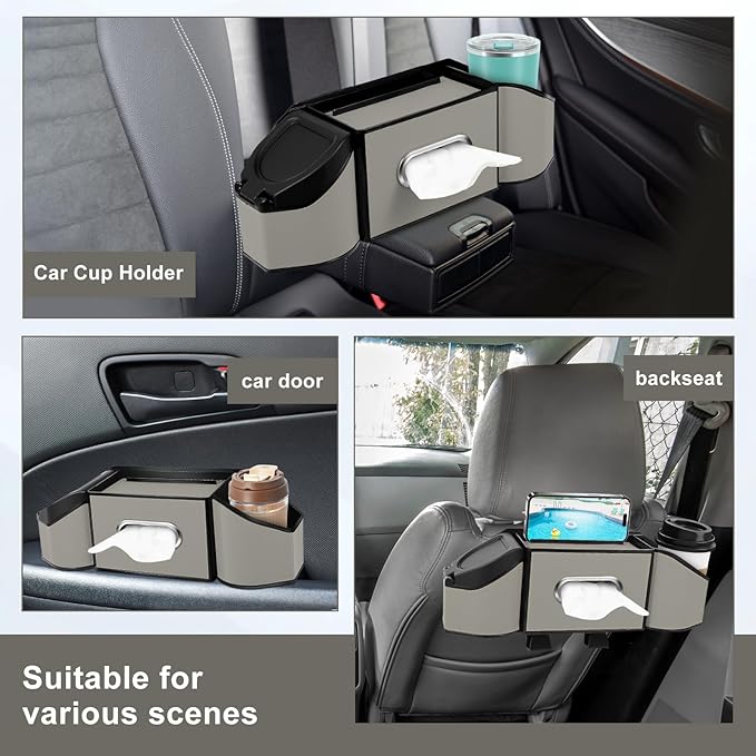 7-In-1 Car Seat Back Organizer with Cup Holders, Tissue Box, Garbage Can&Hooks, Multifunctional Headrest Storage Organizer, Headrest Cup Holder for Backseat, Car Accessories for Trips, Travels(Gray)