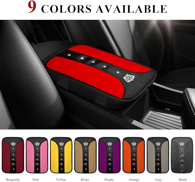 Bling Leather Car Center Console Cover, Anti-Slip Crown Armrest Seat Box Cushion Pad with Rhinestones, Waterproof Crystal Arm Rest Protector Interior Decor for Most Vehicles (Red)