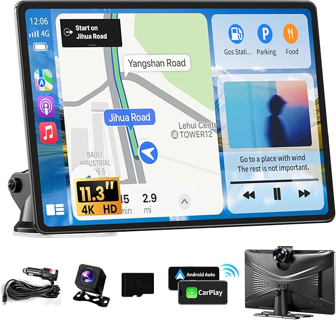 Largest 11.3" Portable Apple Carplay Screen, Wireless Car Play & Android Auto Touch Screen, Car Stereo with App View/4K Dash Cam/Backup Camera/Mirror Link/Voice Control/Music Play/GPS/Bluetooth/FM