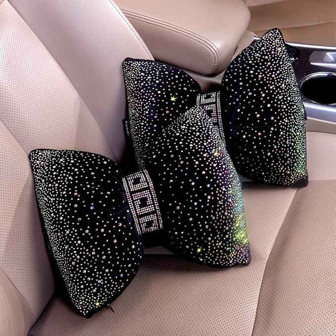 Bow Neck Support Pillow for Driving Seat Travel Head Rest Sparkly Bling Car Accessories Sparkly Rhinestone Headrest Black 2pcs for Women Men
