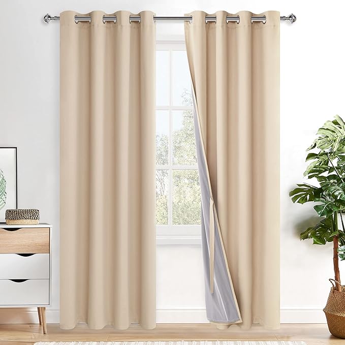 XWZO Full Blackout Curtains 84 Inches Long - Double Layer Full Room Darkening & Energy Efficiency Grommet Window Panels with Tiebacks for Bedroom/Living Room, Biscotti Beige, W52 x L84, Set of 2