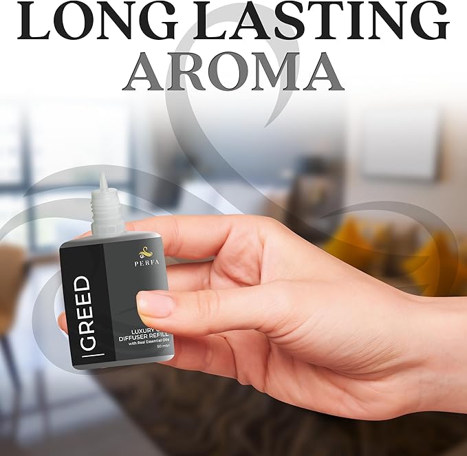 Greed Diffuser Refill 50ml Bottle | Strong Car Freshener with Car Odour Eliminator Technology | Long Lasting Automotive Car Air Freshener by Perfa