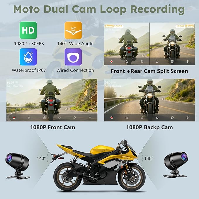 Carpuride W603DT for Motorcycle CarPlay & Android Auto & TPMS - HD1080p Dash Cam, 6.3-inch Waterproof Rotatable Touchscreen for Navigation, Bluetooth, Loop Recording, Wired Controller