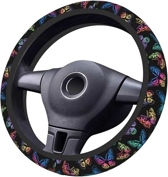 Colorful Butterfly Steering Wheel Cover Women Men Elastic Stretch Soft Car Wheel Protector Universal Breathable No-Slip Car Accessories for Truck Van SUV Auto Fit 14-15 Inches