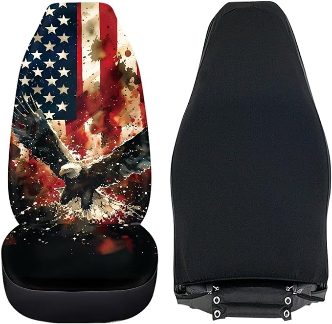 ELEQIN Car Front Seat Covers, Eagle US Flag Print 2 Pack Polyester Automotive Seat ProtectorsSoft & Breathable, Vehicle Interior Accessories for Most Cars