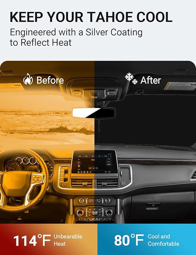 Proadsy 2026 Upgrade Windshield Sun Shade Custom Fit 2021-2025 2026 Chevrolet Tahoe 4-Layer Foldable Front Sunshade Protector Sun Visor Blocks UV Rays Keep Car Cooler Accessories