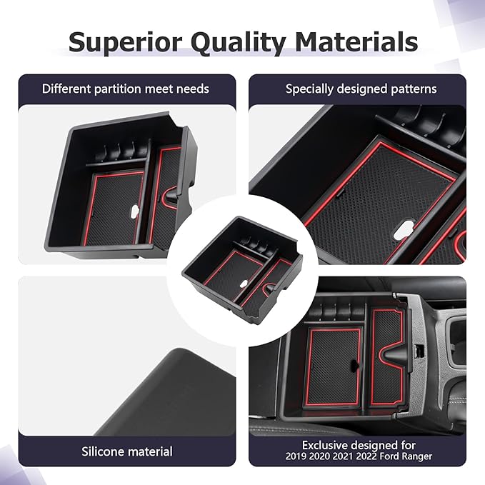 LUWU Ranger Center Console Organizer for 2019 2020 2021 2022 2023 Ford Ranger XL/XLT/Lariat/Raptor Accessories Armrest Console Storage Box Glove Organizer Tray ABS Material Red