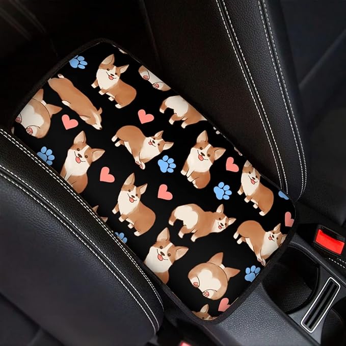 JoyLamoria Cute Corgi Car Armrest Center Console Cover Elasitc Automotive Armrest Pad with Polyester