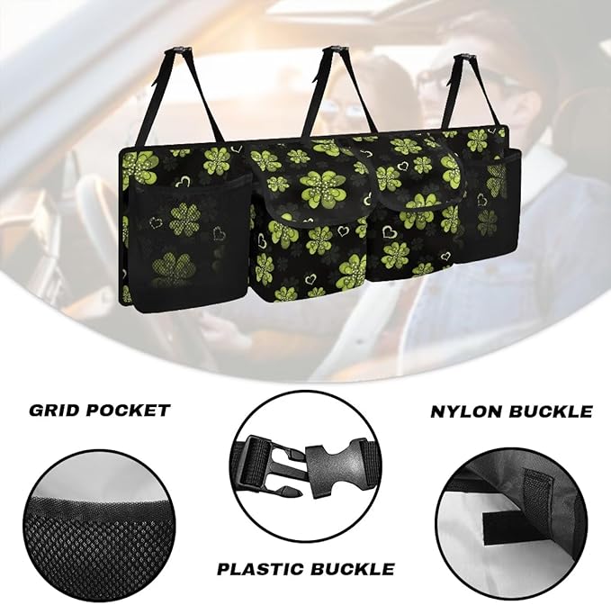 Green Heart Leaves Car Trunk Organizer St. Patrick Day Hanging Car Storage Bag with Lid Back Seat Car Organizer Space Saving Expert