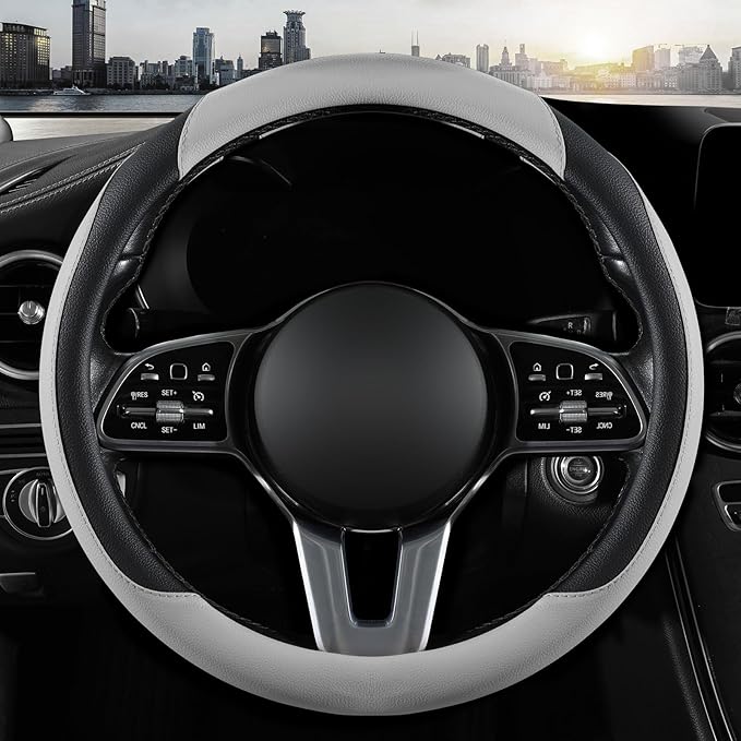 Car Steering Wheel Cover, Microfiber Leather Steering Wheel Cover Universal Fit 14.5-15 inch Anti-Slip Comfortable Breathable Car Wheel Protector for Men Women,Grey