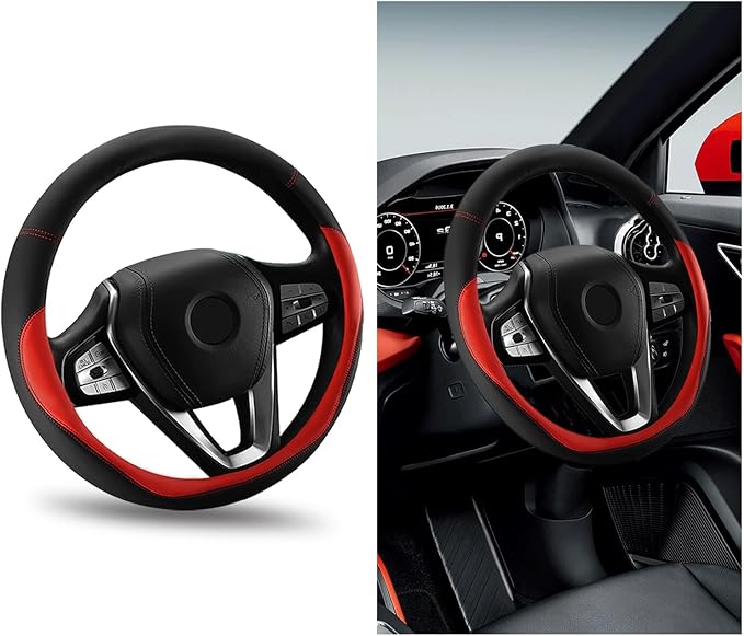Car Steering Wheel Cover, Universal 15" Anti-Slip Auto Steering Wheel Protector for Men Women, Breathable Odor Free Leather Steering Wheel Car Accessories Fit Most Vehicles (Red)