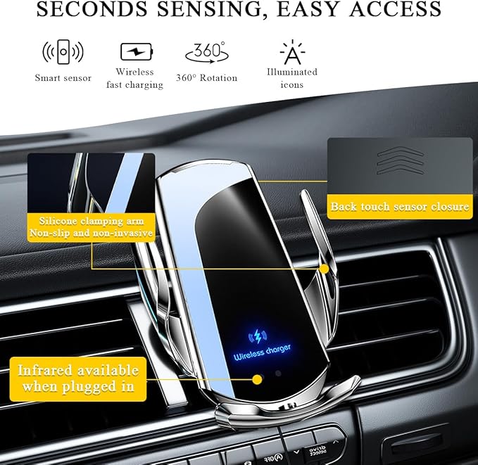 Ohleats Wireless Car Charger Mount, 15W Automotive Electric Wireless Charger Holder, Car Air Vent Mount Bracket Fast Charging for Most Smartphone, Universal Car Accessories (Silver)