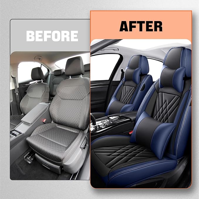 Car Seat Covers Compatible with Toyota Camry 2012-2026 Durable Waterproof Automotive Seat Covers Stretchable, Airbag Compatibility, Premium Nappa Leather(Black Blue, 2 Pcs Front with Pillow)