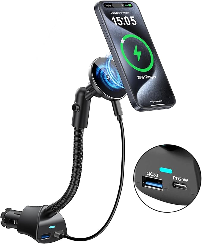 for Magsafe 15W Car Mount Cigarette Lighter Wireless Phone Charger，Car Cigarette Lighter Magnetic Vent Mount Holder with Dual Port PD&QC for Magsafe Fast Charging for iPhone 17 16 15 Pro Plus Max 14