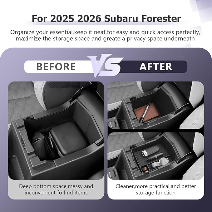 LUWU for 2025 2026 Subaru Forester Accessories Compatible with Forester Base/Premium/Sport/Limited/Touring 2025 2026 Armrest Console Secondary Storage Box Insert Tray ABS Material Black 2-Pack