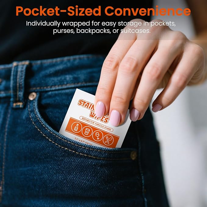 Stain Remover Wet Wipes Bulk, Individual Wrapped Clothes Portable Travel Messy Eater Cleaning Laundry Stain Removal Wipes Pocket Size for Clothing Fabric/Wine/Fast Food 7.1 x 4.7 Inch (White 200)