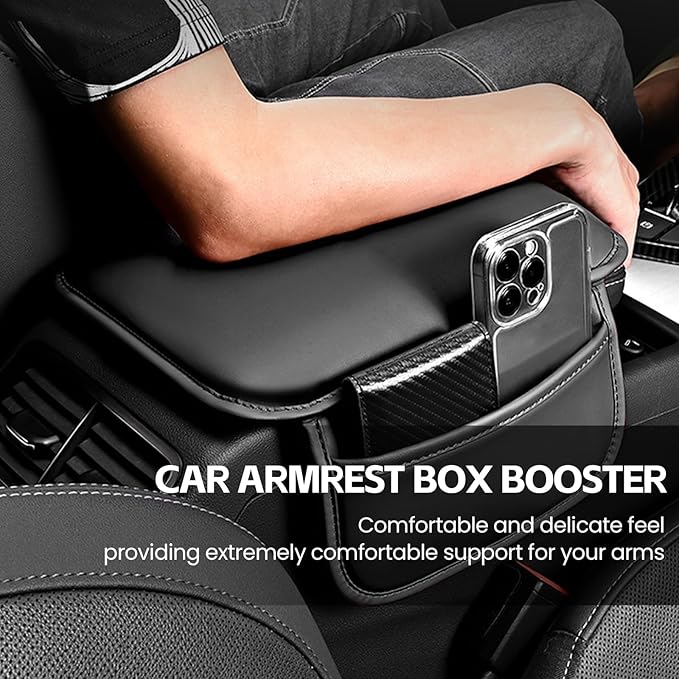 Car Center Console Cover, 11.6"×8.3" Leather Car Armrest Cushion Pad with 2 Storage Pockets, Comfortable Arm Rest Box Cover Mat for Most Vehicles, Universal Interior Accessories (Black)