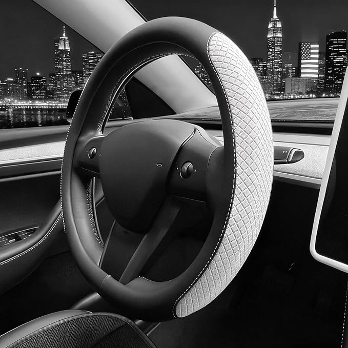 SEG Direct Flat Bottom Steering Wheel Cover, D Shaped Car Wheel Cover 14-14 1/4 in. (35.5-36 cm), for Tesla Model 3 / Y, for Camaro, Black White Embossed Microfiber Leather