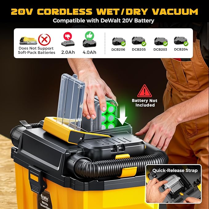 Ecarke 2.5 Gal Cordless Wet Dry Vacuum Compatible with DeWalt 20V Battery, 3-in-1 Shop Vac with Washable HEPA & Brushless Motor, 15KPa Suction, 4 Attachments for Garage Car Workshop (Tool Only)