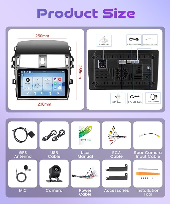 4Core 4G+128G Android 15 Car Radio for Toyota Corolla 2009-2013, Rimoody Car Stereo Wireless Carplay Andorid auto Mirror Link 9'' HD Touchscreen GPS WiFi Bluetooth 5.0 FM/RDS EQ-32 SWC Backup Camera