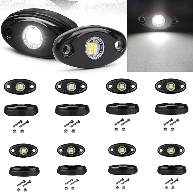 White Rock Light 12pods 6000k Pure White Led Rocks Lights kit Ip68 Waterproof 47inch Extension Wires for ATV Rv Utv SUV Offroad Pickup Trucks Golf Boat Cars Trailer Fender Underglow Lighting (White)
