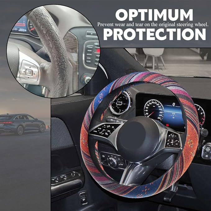 Boho Steering Wheel Cover, Steering Wheel Cover Women, 15 inch Hippie Style Protector Covers, Universal Ethnic Flax Cloth Car Accessories Universal for SUV Van Truck (Hippie-C)