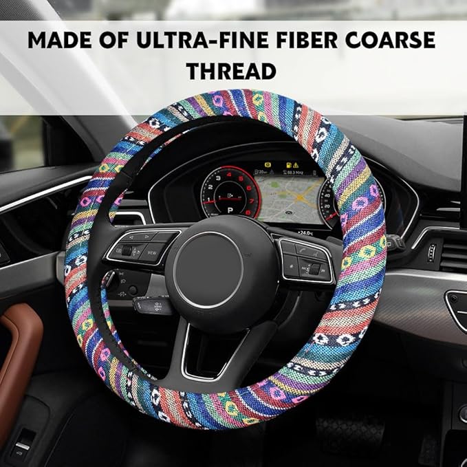 Boho Steering Wheel Cover, Steering Wheel Cover Women, 15 inch Hippie Style Protector Covers, Universal Ethnic Flax Cloth Car Accessories Universal for SUV Van Truck (Hippie-A)
