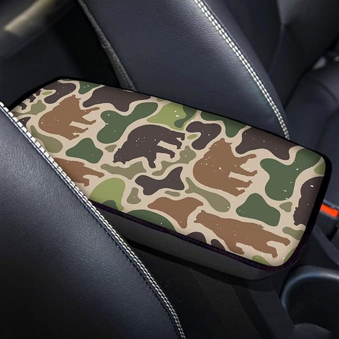 Dreaweet Bear Hunting Camo Arm Rest Cover for Car Soft Anti Slip Armrest Cover Center Console Cushion Pad Camouflage Car Accessories Universal Fit Most Cars SUV Sedan