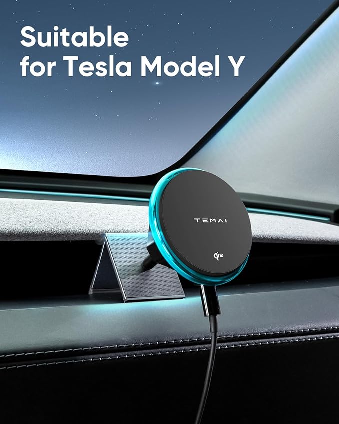 TEMAI Car Mount Charger, 15W MagSafe Wireless Car Charger & Phone Holder for Model Y Juniper(2025)- Strongest Magnetic Fast Charging Accessories Slideable Air Vent Mount with Silicone Pads