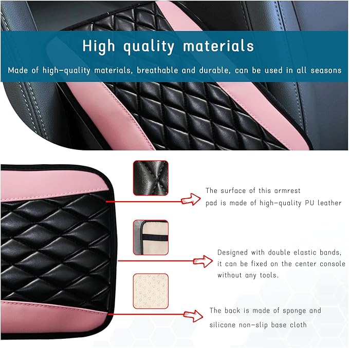 Car Center Console Cushion Pad, Universal Leather Waterproof Armrest Seat Box Cover, Comfortable Auto Armrest Cover Protector, Car Interior Decor Accessories for Most Vehicles (Pink)