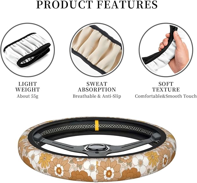 Retro Flowers Steering Wheel Cover for Men Women Universal Car Accessories 15 Inch Neoprene Auto Interior Decor