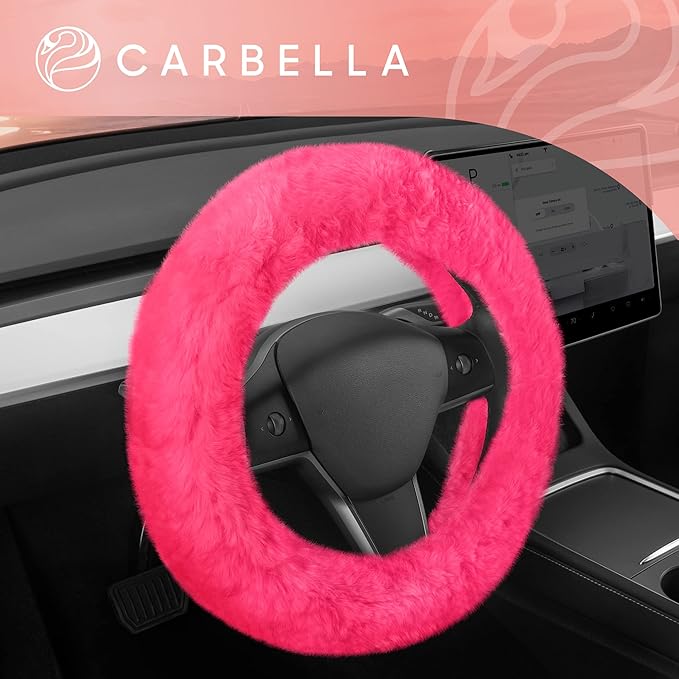 Carbella Aspen Hot Pink Fuzzy Steering Wheel Cover for Women ‚Äì Cute and Stylish Fluffy Fur Steering Wheel Cover for Cars Trucks Vans SUVs, Universal Fit for Wheel Sizes 14.5 to 15.5 inches