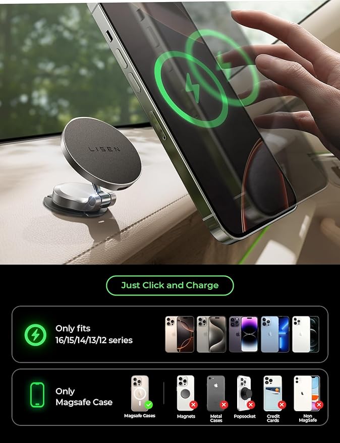 LISEN for Magsafe Car Mount Charger Dashboard, [360° Rotation] Ultra Magnetic Car Phone Charger Mag Safe Car Mount Charger, Foldable Wireless Car Charger for iPhone 16 15 14 13 12 Pro Max Plus