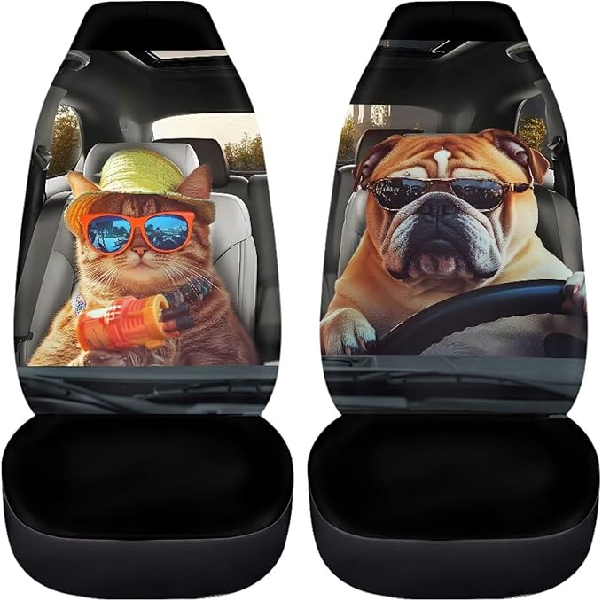 Soft Front Car Seat Covers Bulldog and Cat Full Wrapping Edge Premium Polyester Seat Covers Universal Automotive Seat Cushion Covers for Sedan,Vans,Trucks