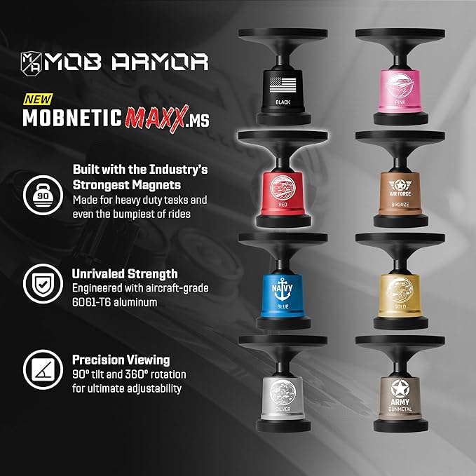 Mob Armor MobNetic Maxx MS - Customized MagSafe Compatible Magnetic Phone Holder for Car, Personalized Phone Mount Made w/ Heavy Duty Aluminum Metal, Works w/ iPhones & Androids - Red