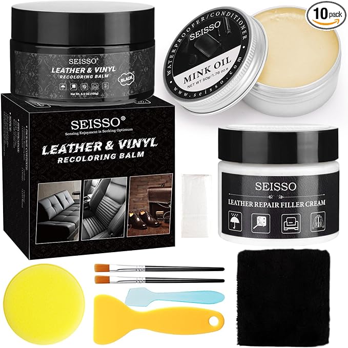 SEISSO Leather Repair Kit for Furniture, Black Vinyl Repair Kit with Mink Oil, Car Interior Leather Recoloring Balm for Scratches, Fading Shoes, Car Seat, Sofa