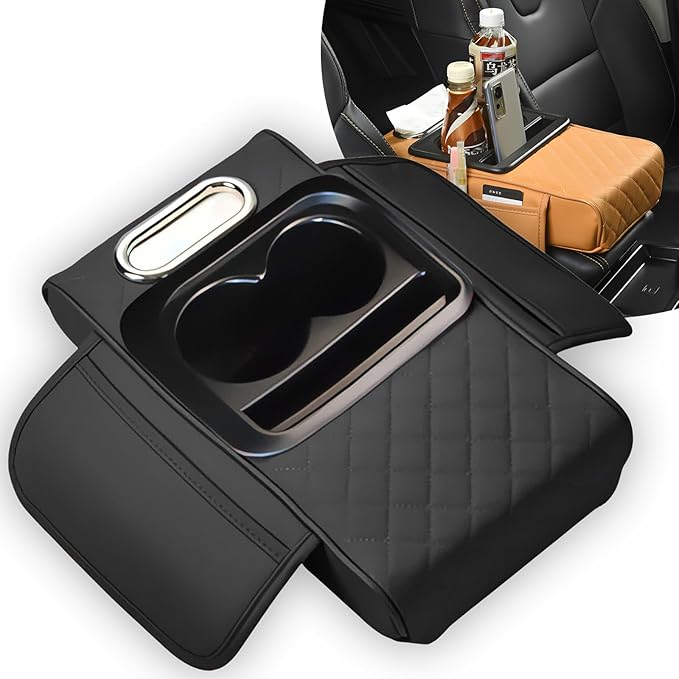 Multifunctional PU Leather Car Armrest Box Mat, 5-in-1 Multifunctional Car Armrest Cushion, Center Console Cover with 2 Cup Holder, For Storing Tissues,Phones,Wallets,Drinks,for Most Cars (Black-B)
