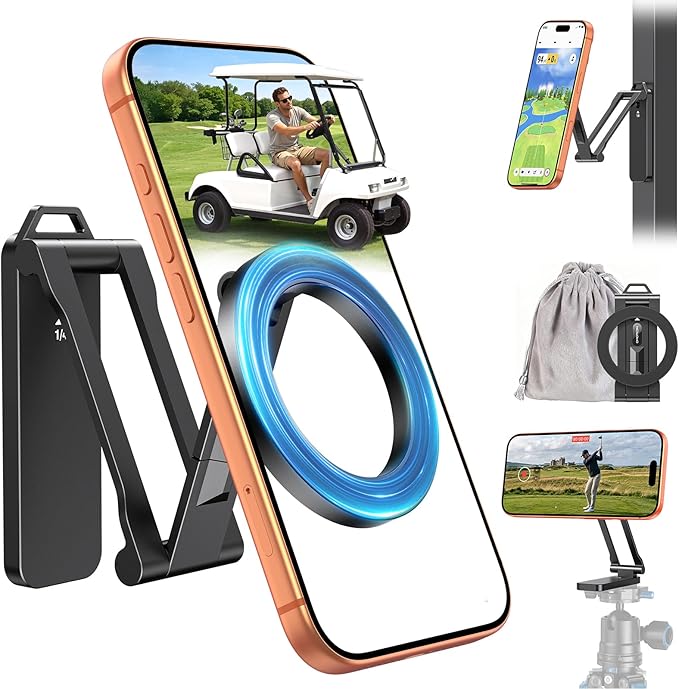 OMOTON CV08 Magnetic Golf Cart Phone Mount with [1/4” Screw + 5.6” Extendable Arm], 360° Rotatable Holder, Strong Magnets for iPhone & Samsung, Fits EZ-GO/Club Car, Includes Pouch & Strap (Black)