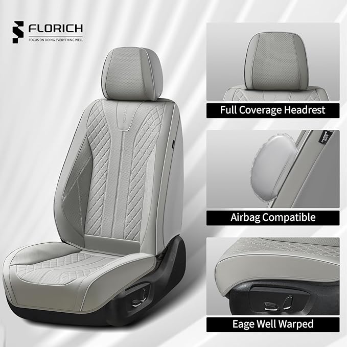 FLORICH Seat Covers, Car Seat Covers Front Seats Faux Leather Automotive Seat Covers Luxury Waterproof Car Seat Cover Protectors Universal Fit for Most Cars SUV Trucks, Gray