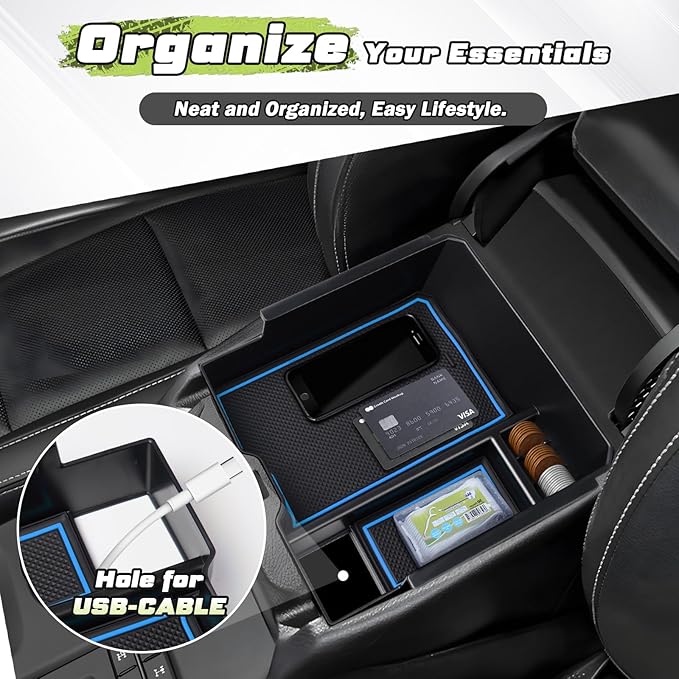 Sunsdrew Center Console Organizer Compatible with 2024-2025 Ford Ranger, Armrest Storage Box Insert with 2 Color Mats, Ford Ranger Accessories - ONLY FIT Electric Handbrake Version