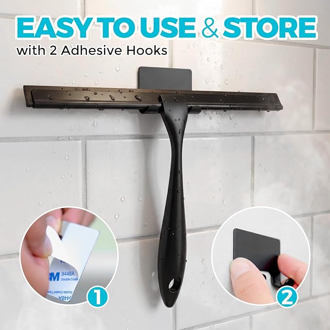 ALFLOD 2PACK 12-Inch All-Purpose Shower Squeegee for Shower Doors, Bath Linen Sets, Tile Shower Walls, Bathroom, Window, Glass and Car Windshield, Mirrors and Kitchen-Stainless Steel, Black