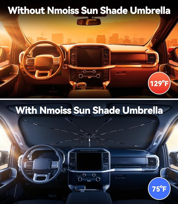 Windshield Sun Shade Umbrella for Ford F150 F250 F350 & Explorer - [Vinyl Coating Heat Shield] Protect Car from Sun Rays & Heat Damage Keep Cool and Protect Interior, Spring Structure Edge