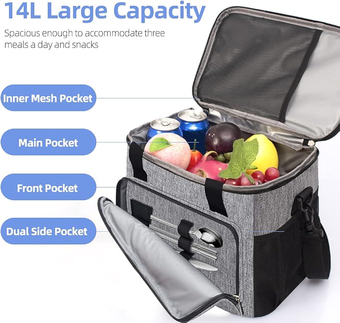 iknoe Insulated Lunch Bag, Foldable 14L Cooler Bag for Men & Women, Leakproof Thermal Design, Great for Office, Picnic, Travel, Lunch Box, Grey New