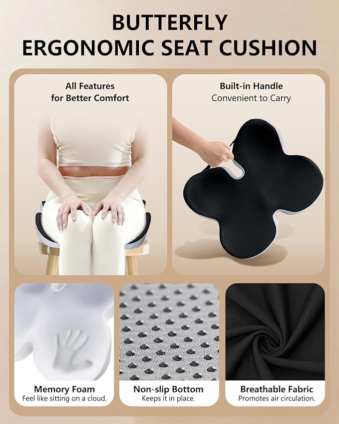Seat Cushion for Office Chair,Butterfly Memory Foam Seat Cushion for Office,Dask,Car,Wheelchair, Tailbone Pain Relief Cushion for Long Sitting - Back, Sciatica, Coccyx,Hemorrhoids